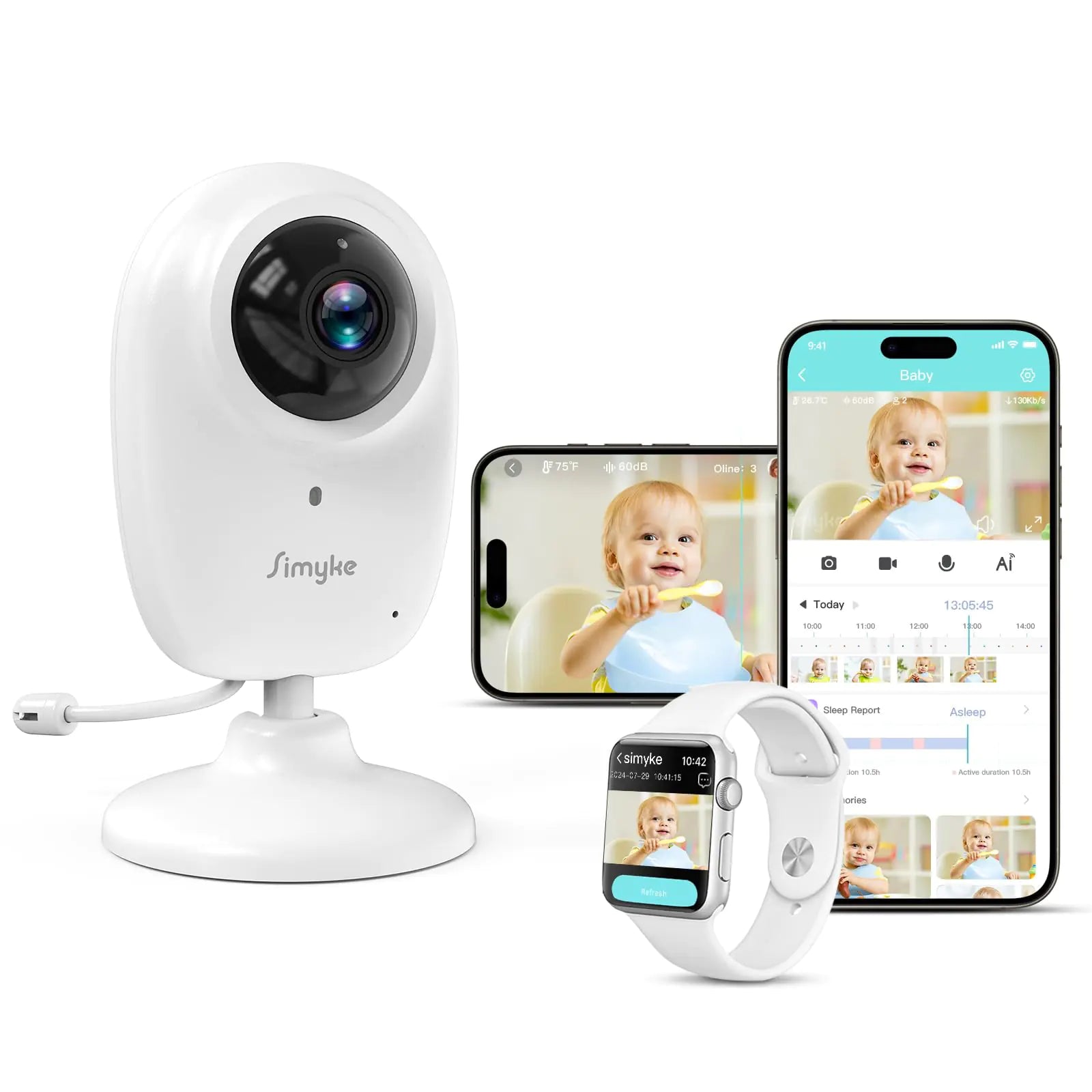 Simyke Smart Video Baby Monitor1080P Baby Room Camera APP ControlWiFi On/Off SwitchAI Detection Cry Monitor and Lullabies HD Night Vision Two-Way Audio Cloud & SD Card Storage