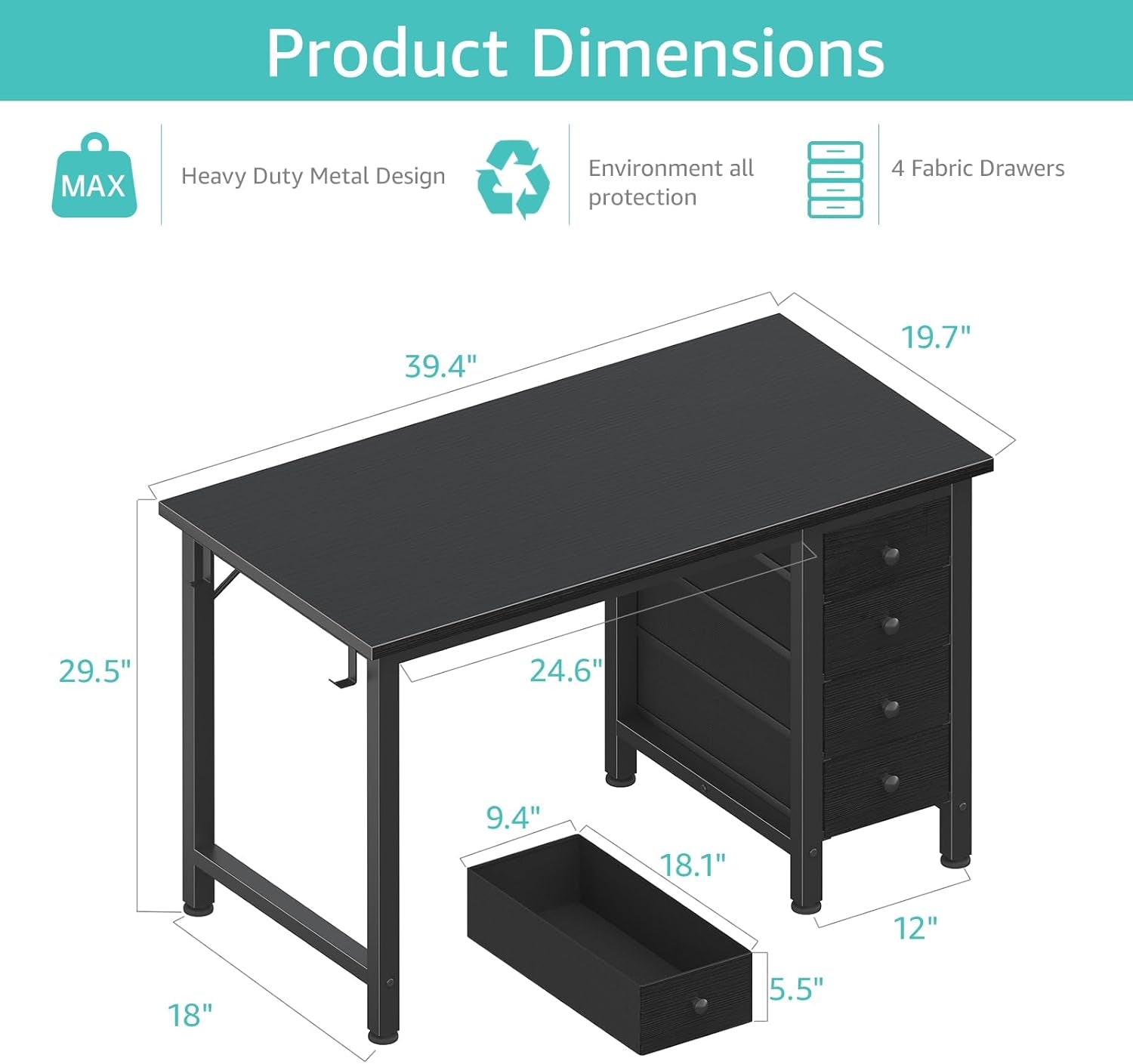 Small Gaming Desk with 4 Fabric Drawers, 40 Inch Kids Girls Teen Cute