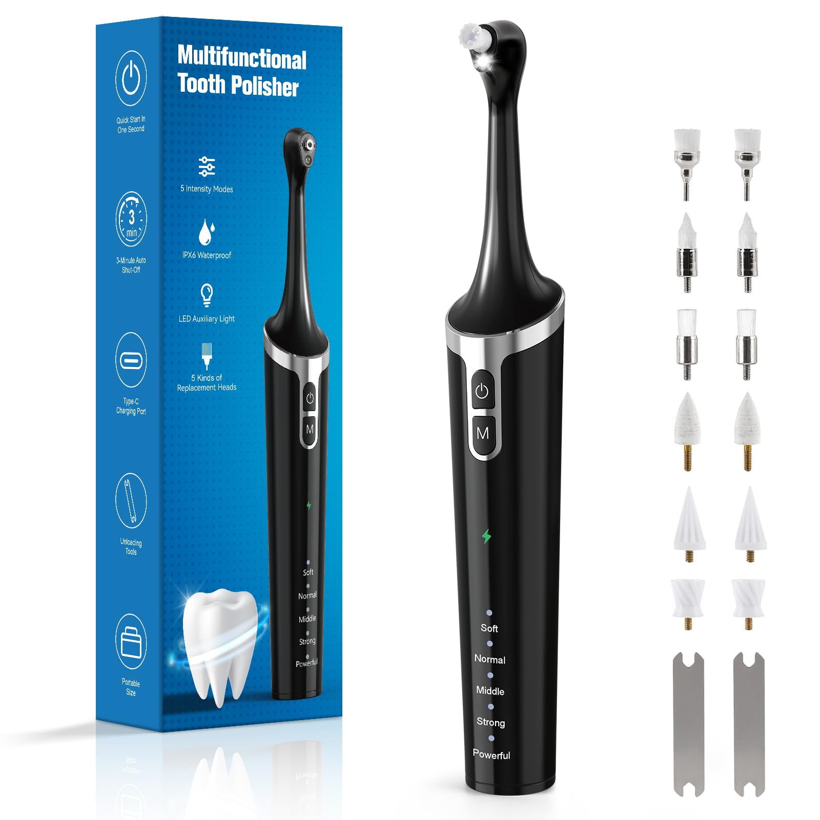 GUPAY Tooth PolisherRechargeable Teeth Whitening Kits for Teeth Daily Cleaning and WhiteningDental Polisher with 2 Set Polishing Brush HeadsLED Light5 Speed ModesWaterproof