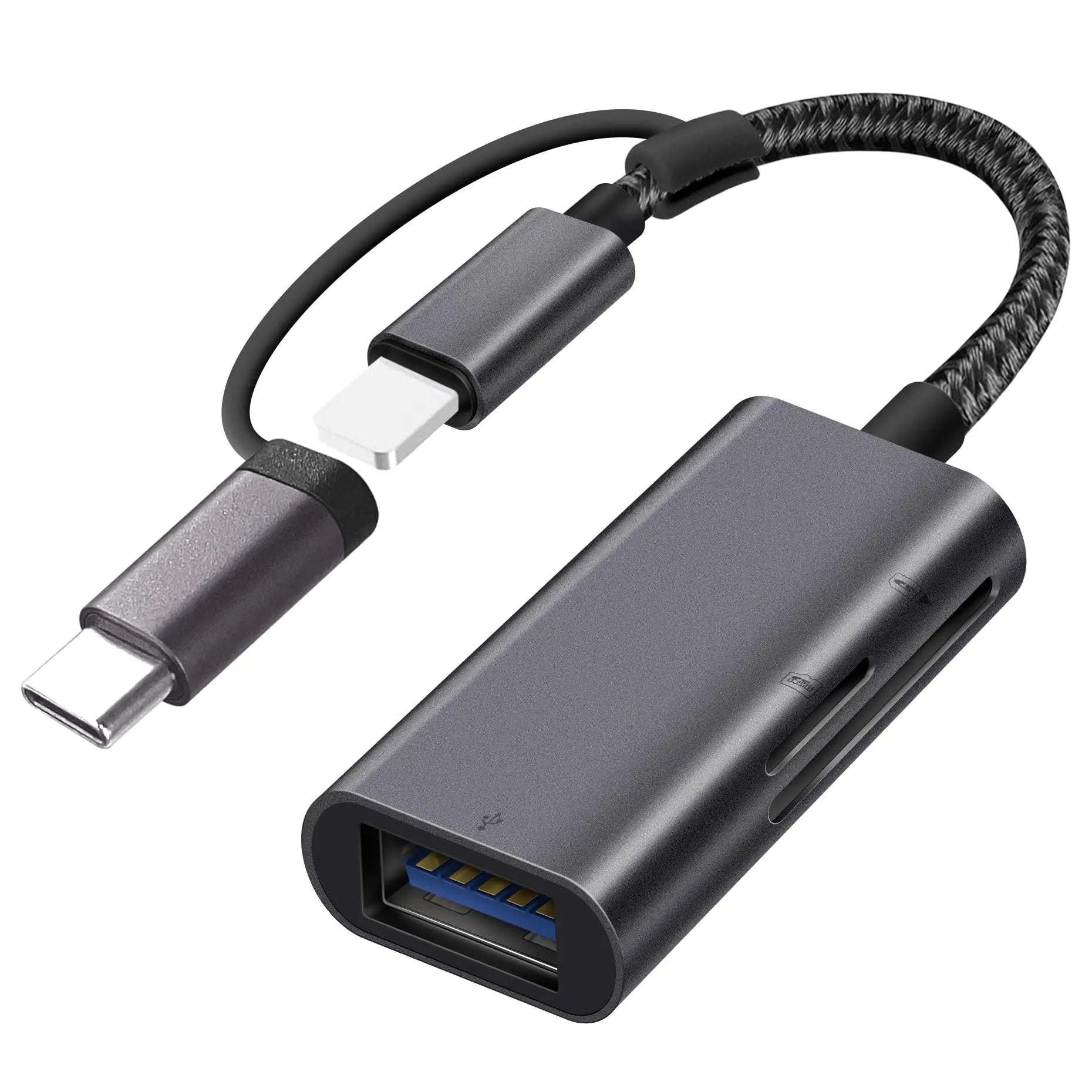 SD Card Reader for iPhone iPad Trail Camera Card Viewer Lightening & USB-C 3 in 1 Memory SD Card Adapter with Dual Card Slots & USB-A Port Trail Digital Camera High-Speed to iPhone Adapter - Grey