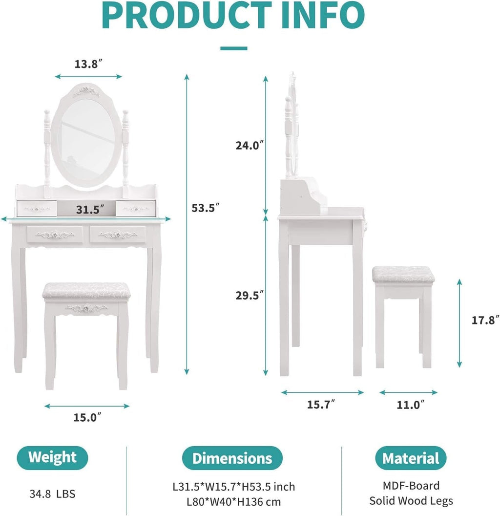 Wood Makeup Vanity Table Set With Detachable Mirror