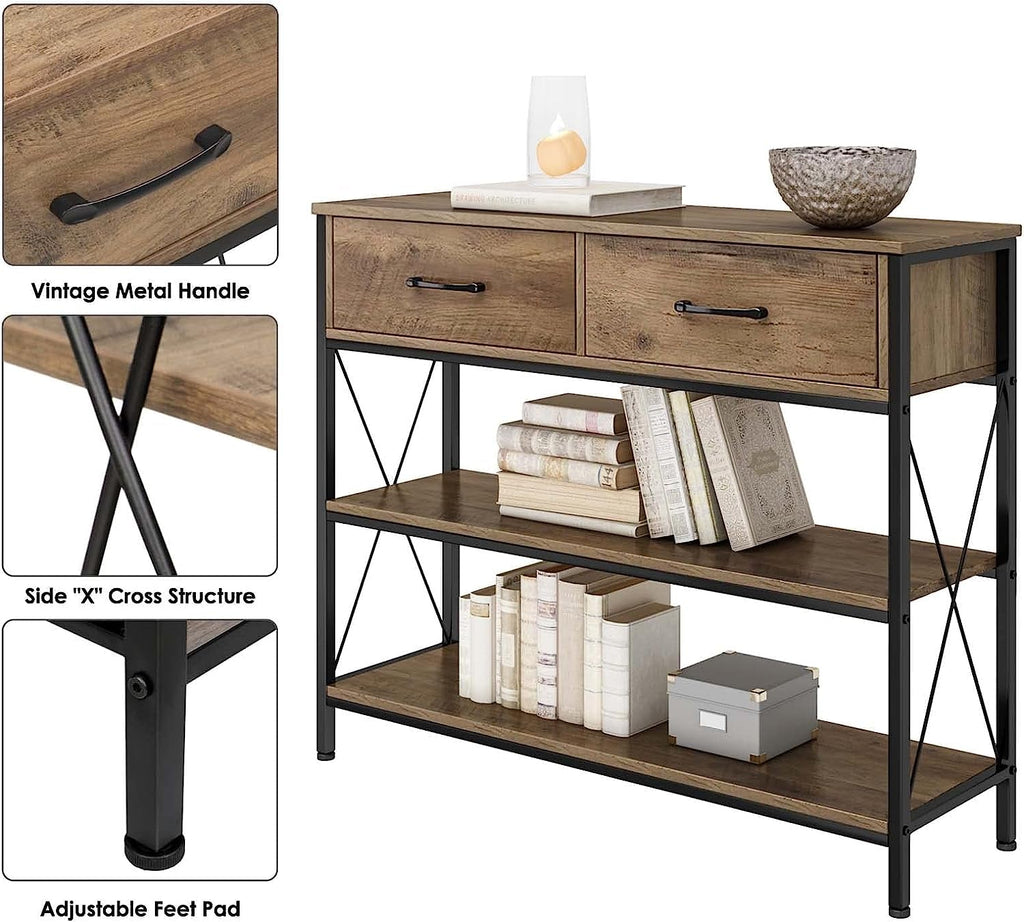 Rustic Brown Industrial Console Table With Storage Shelves