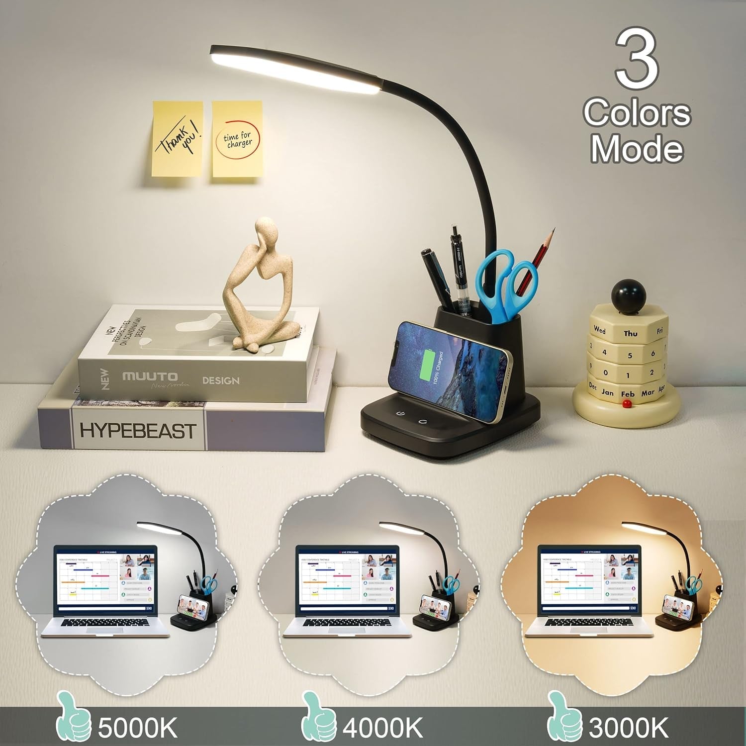 Desk Lamp, LED Desk Lamps for Home Office, Wireless Charger Small Desk