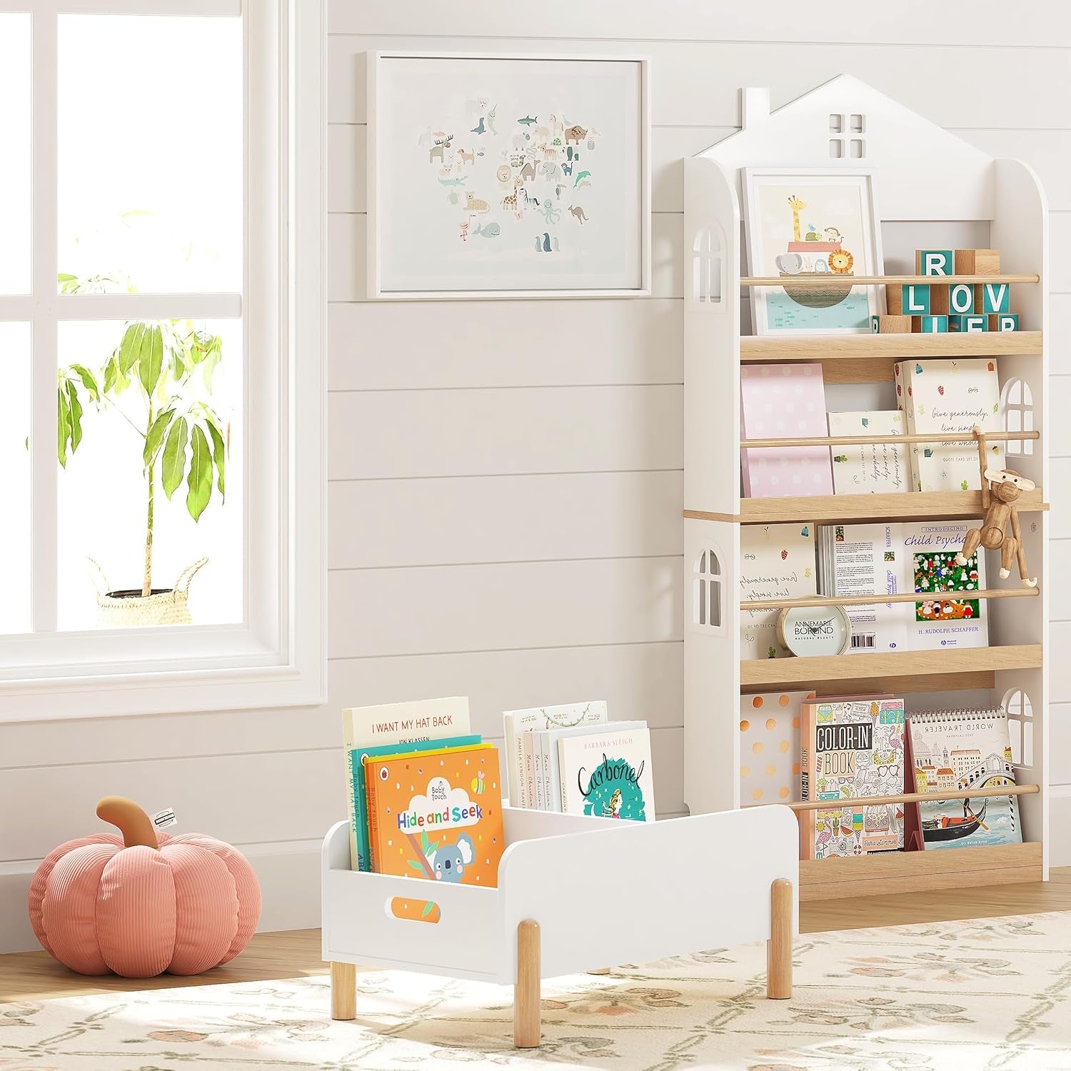 Montessori Bookshelf for Toddlers, Wooden Book Caddy with Adjustable