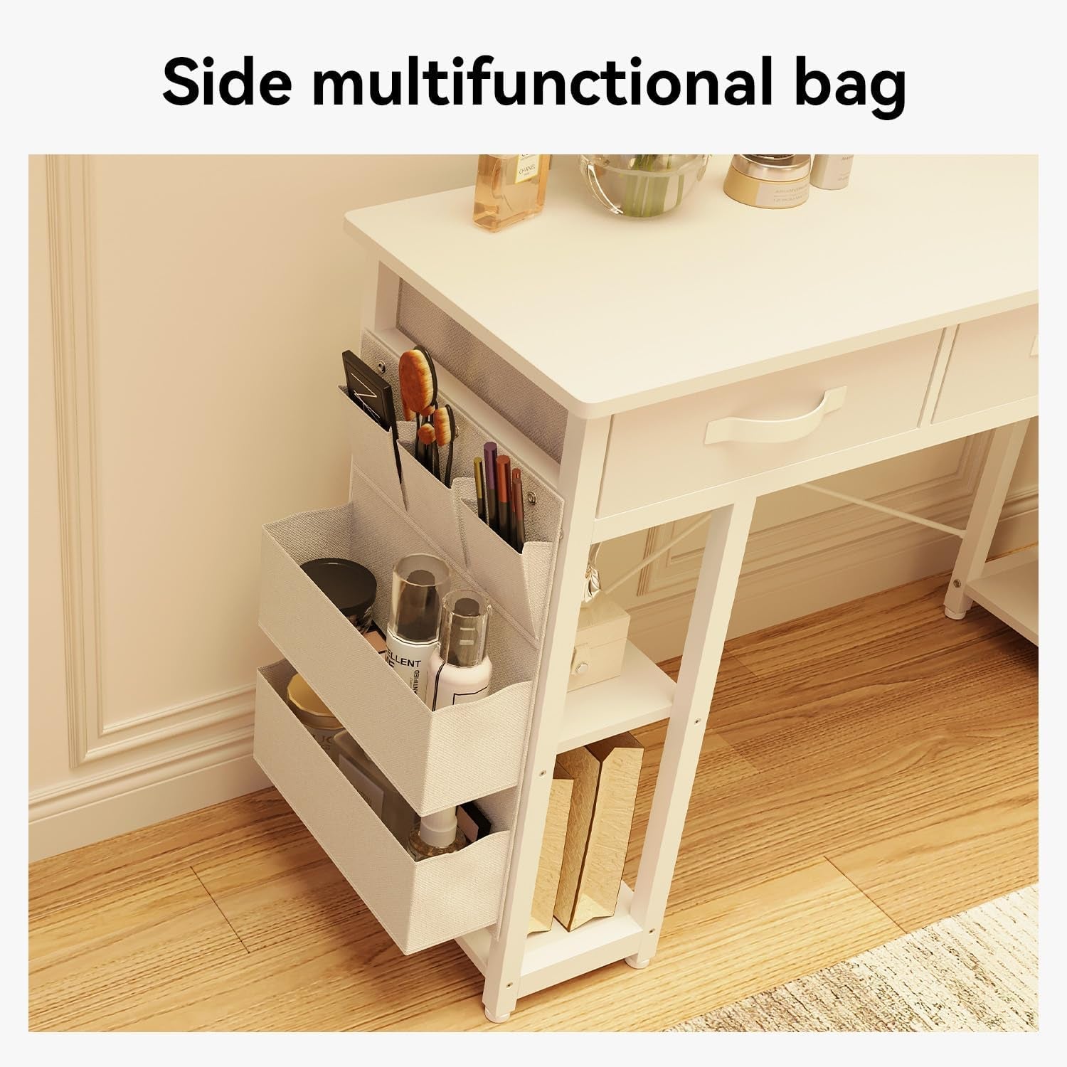 White Vanity Desk, Computer and Study Desk with Fabric Drawers & Side