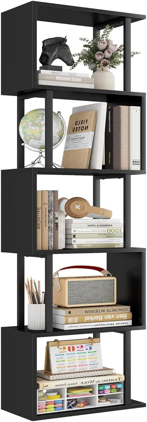 5-Tier Bookshelf, Tall S-Shaped Geometric Bookcase, Wood and Metal