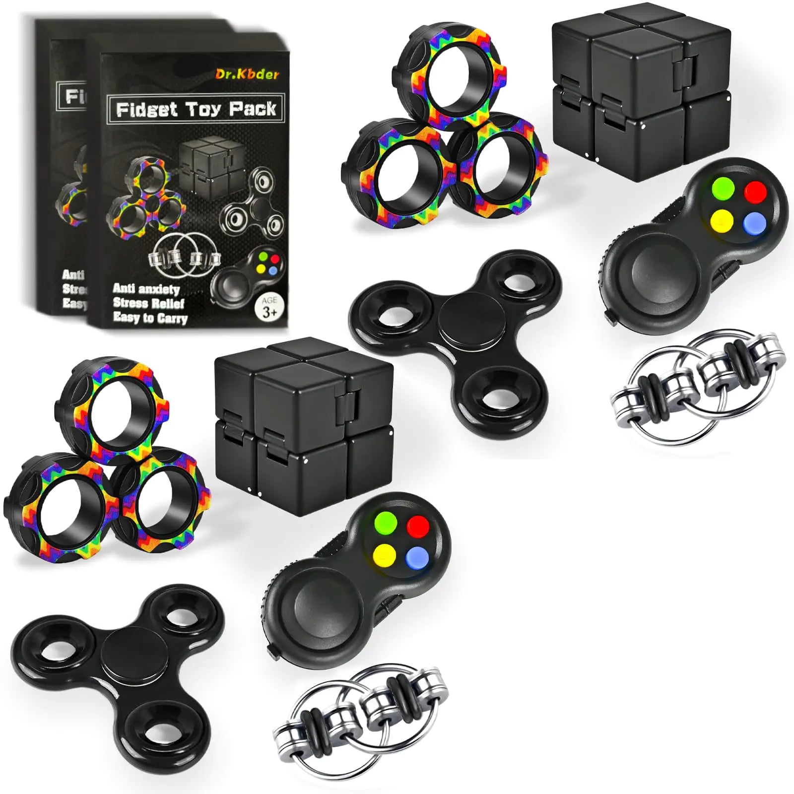 Dr.Kbder 5Pcs Fidget Toys Adults Set Autism Sensory Pack with figette Cube Magnetic Rings Pad ADHD Stress Relief for Kids Teen Cool Gadget Desk Spinner Christmas Stocking Stuffer