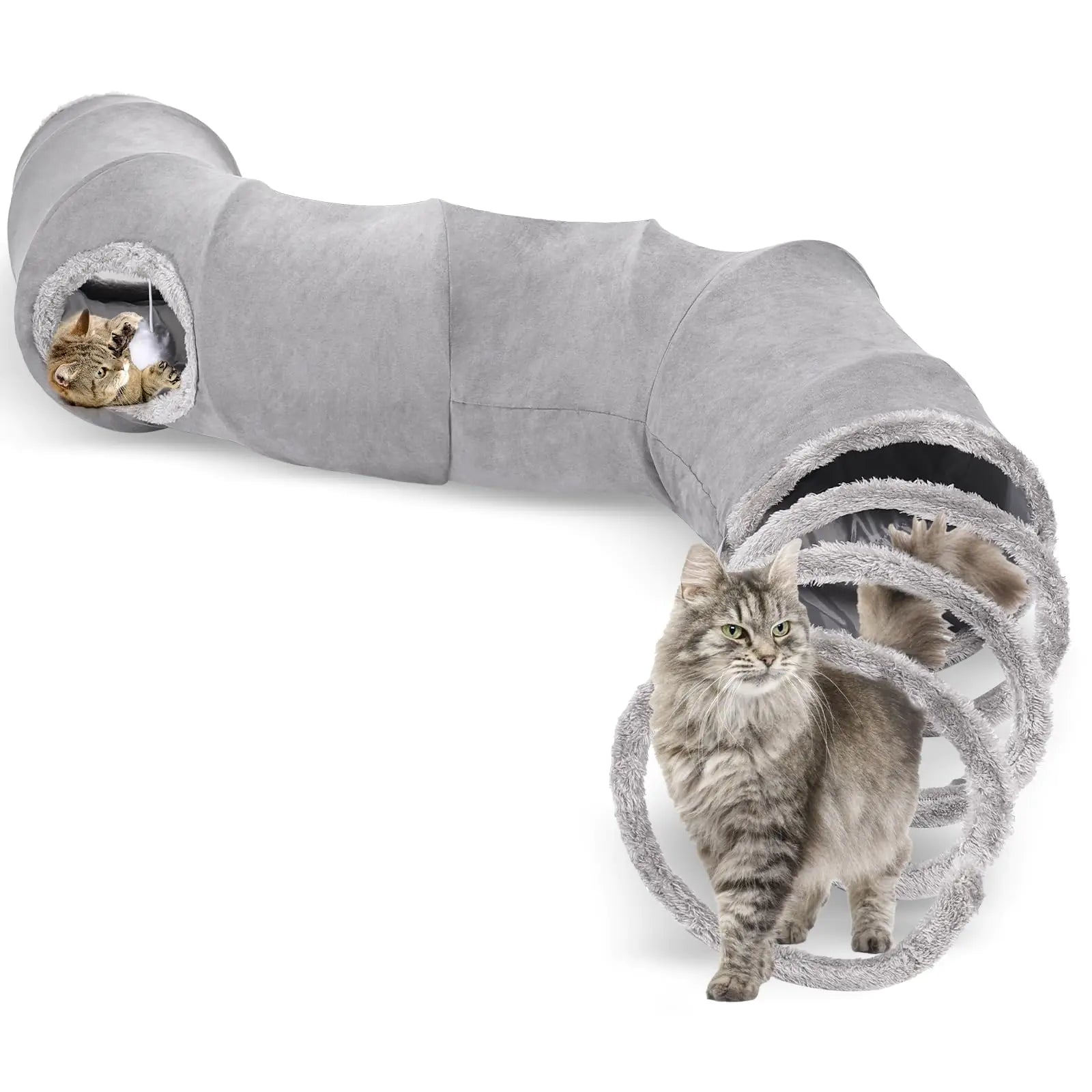 S-2-Way Cat Tunnel for Indoor Cats - 59x10InchesCollapsible Cat Play Tunnel Interactive Toy with 2 Hidden-Exits&Hanging Balls Cat Spiral Tunnel for Cats Puppy Kitty Kitten Rabbit (Gray)