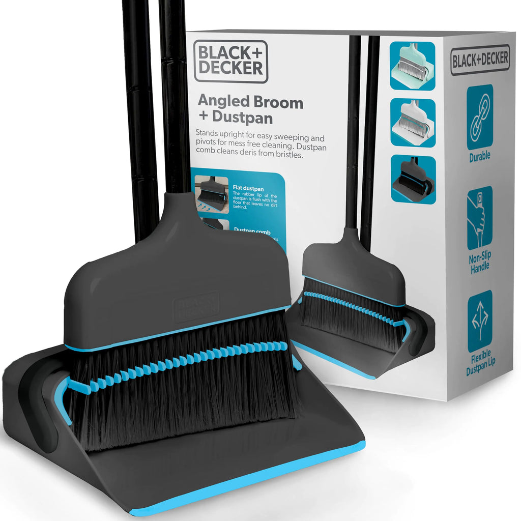 BLACK+DECKER Butler Broom & Dustpan Set - Short Handle Stand-Up Design - Lightweight Space-Saving Combo for Kitchen Living Room Bathroom Lobby Floors - Home Cleaning Essential Black/Blue