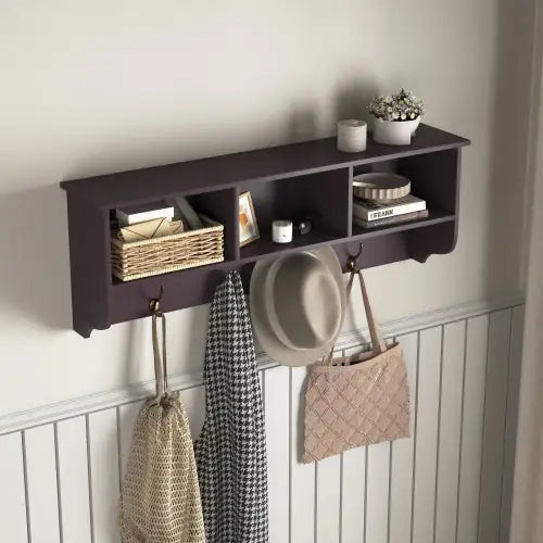 Espresso Entryway Wall Mounted Coat Rack With 4 Dual Hooks Living Room Wooden Storage Shelf