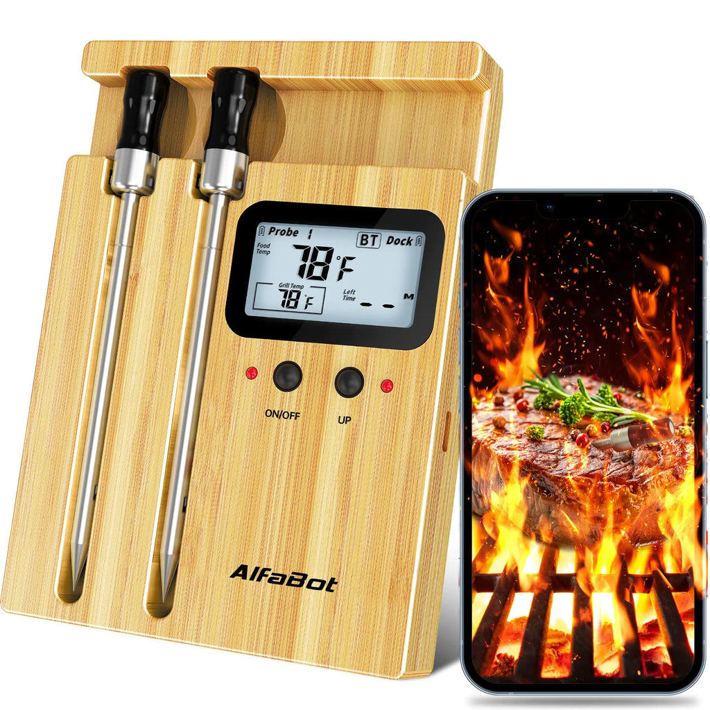 AlfaBot Wireless Meat Thermometer with 2 Meat Probes 520 FT Bluetooth Meat Thermometer with Digital Food Thermometer for Remote Monitoring of BBQ Grill Oven