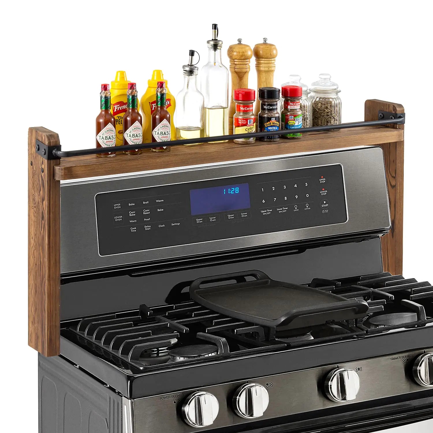 MyGift 33 Inch Stove Top Spice Rack - Deluxe Rustic Burnt Solid Wood and Industrial Black Metal Space Saving Over The Stovetop Range Storage Display Shelf