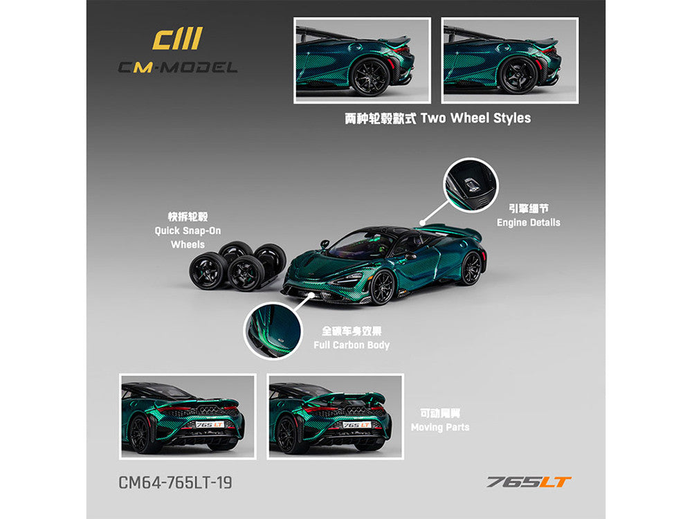 McLaren 765LT Green Carbon Metallic with Black Top and Extra Wheels 1/64 Diecast Model Car by CM Model-1
