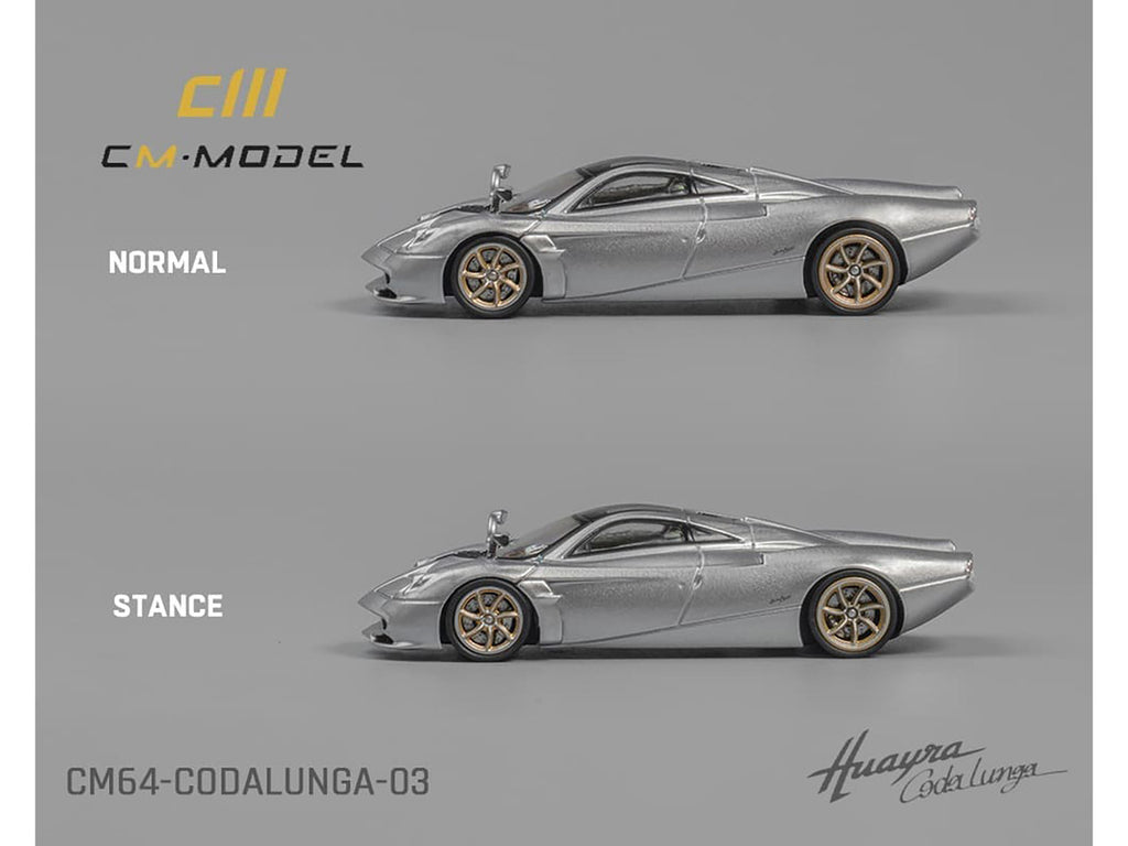 Pagani Huayra Codalunga Silver Metallic with Sunroof and Extra Wheels 1/64 Diecast Model Car by CM Model-0