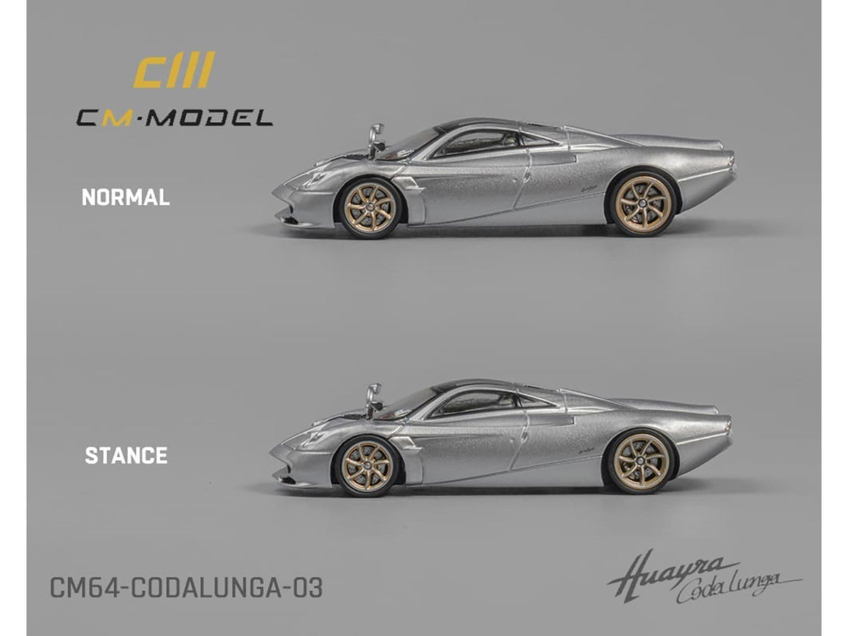 Pagani Huayra Codalunga Silver Metallic with Sunroof and Extra Wheels 1/64 Diecast Model Car by CM Model-0
