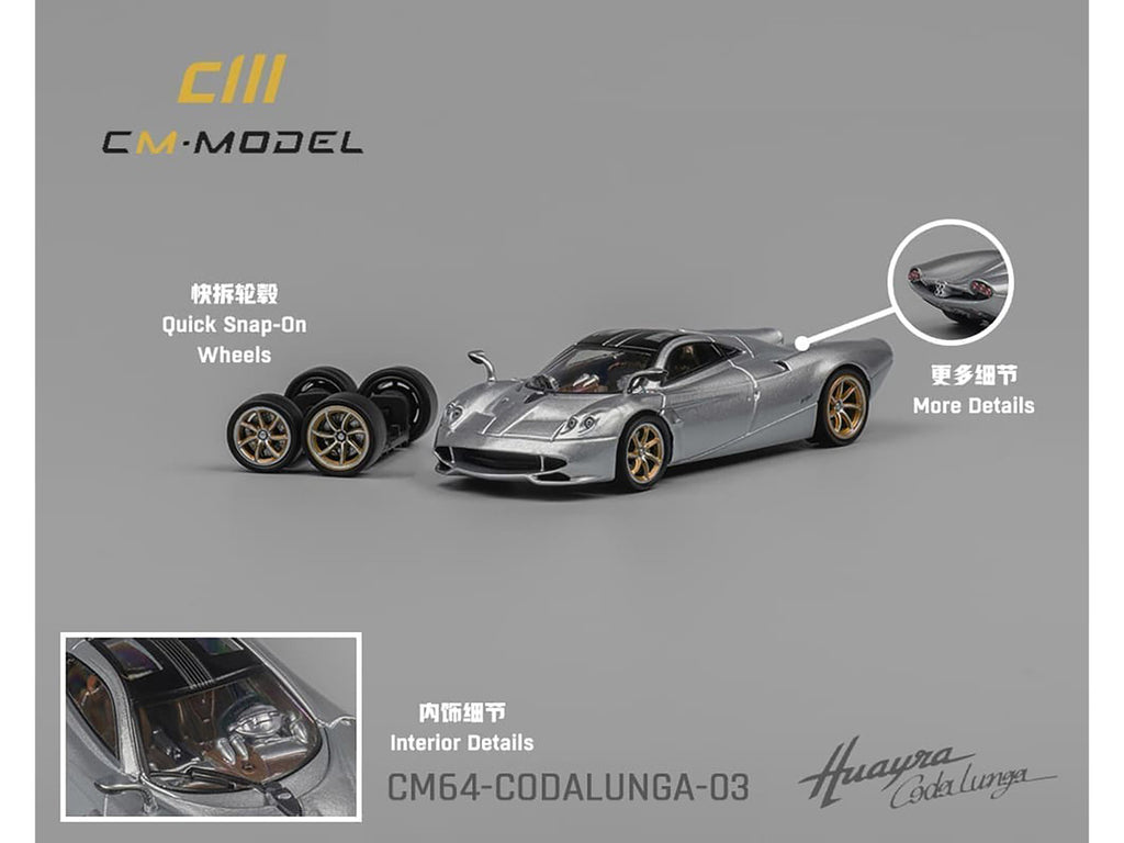 Pagani Huayra Codalunga Silver Metallic with Sunroof and Extra Wheels 1/64 Diecast Model Car by CM Model-1