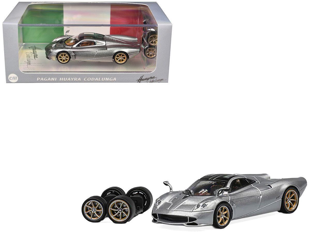 Pagani Huayra Codalunga Silver Metallic with Sunroof and Extra Wheels 1/64 Diecast Model Car by CM Model-3