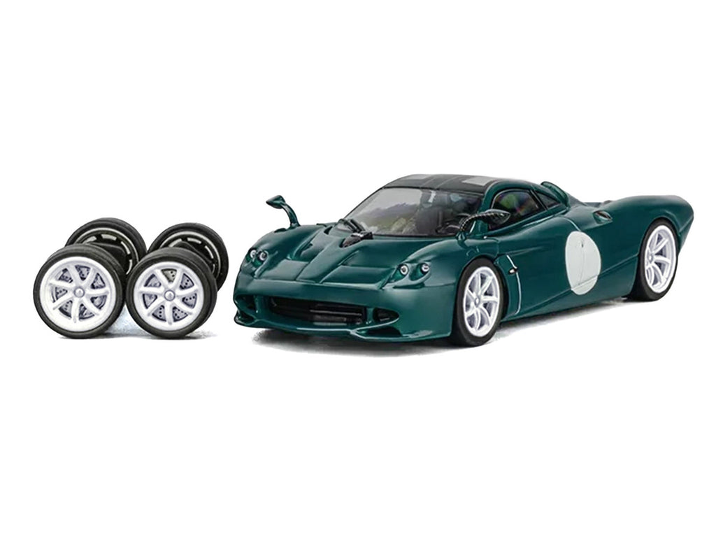 Pagani Huayra Codalunga Green with Sunroof and Extra Wheels 1/64 Diecast Model Car by CM Model-1
