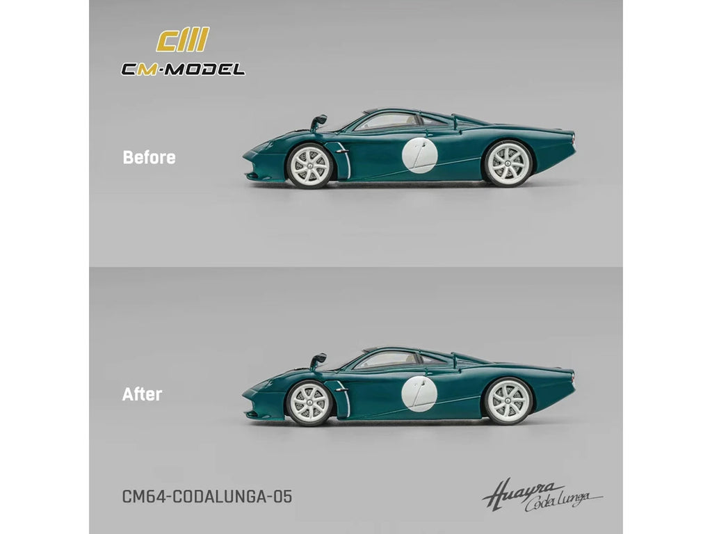 Pagani Huayra Codalunga Green with Sunroof and Extra Wheels 1/64 Diecast Model Car by CM Model-3