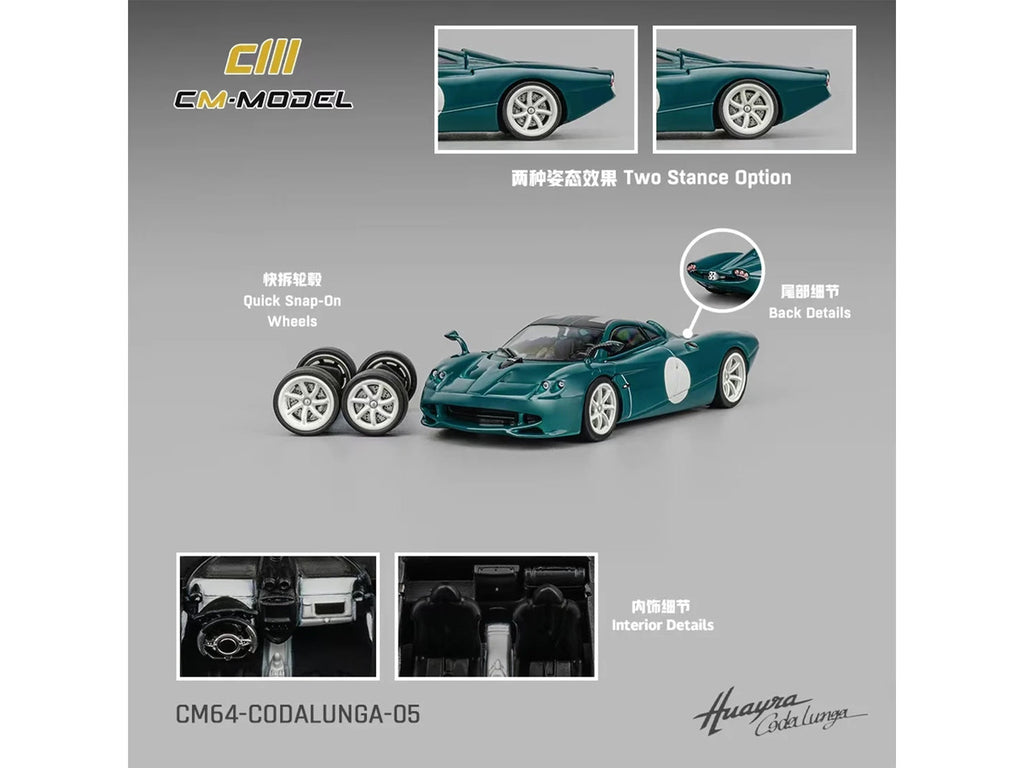 Pagani Huayra Codalunga Green with Sunroof and Extra Wheels 1/64 Diecast Model Car by CM Model-4