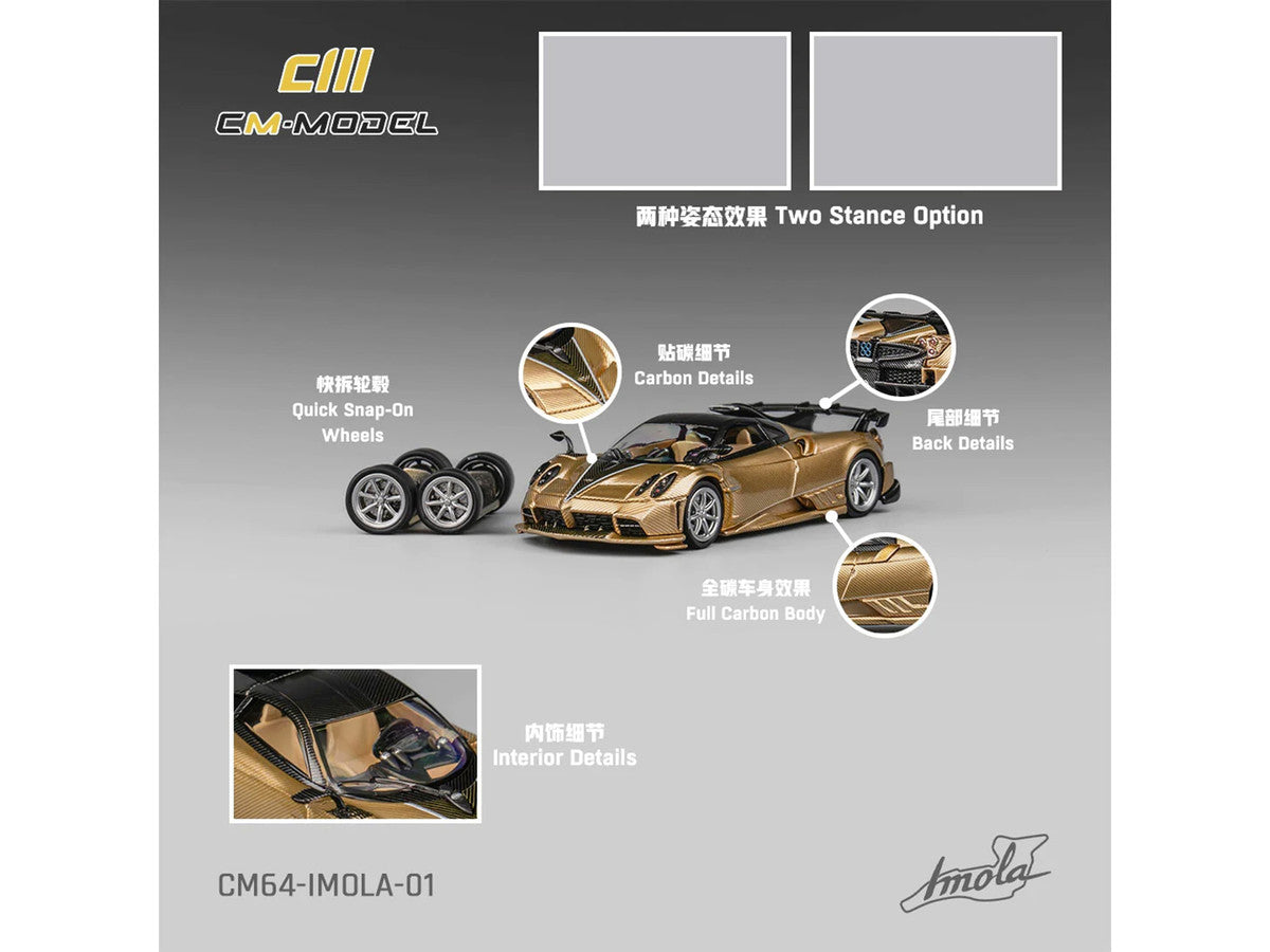 Pagani Imola Gold Carbon Metallic with Black Carbon Top with Extra Wheels 1/64 Diecast Model Car by CM Model-1