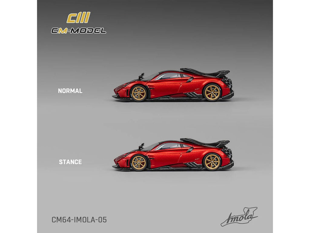Pagani Imola Red Metallic with Carbon Top and Stripes with Extra Wheels 1/64 Diecast Model Car by CM Model-0