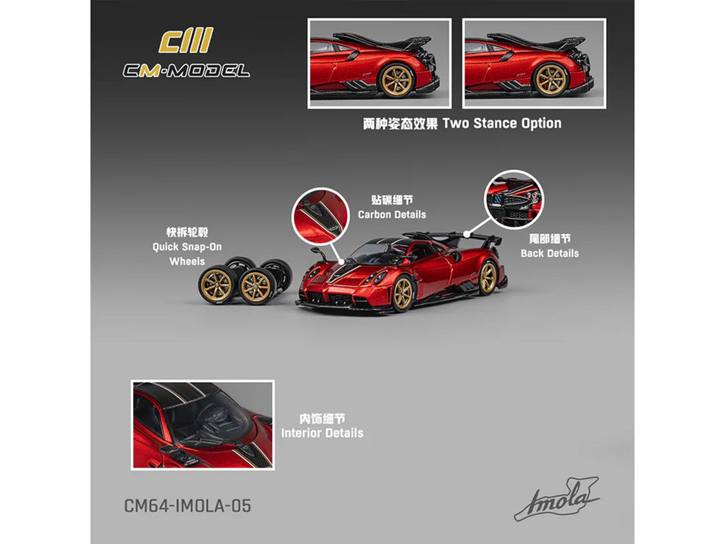 Pagani Imola Red Metallic with Carbon Top and Stripes with Extra Wheels 1/64 Diecast Model Car by CM Model-1