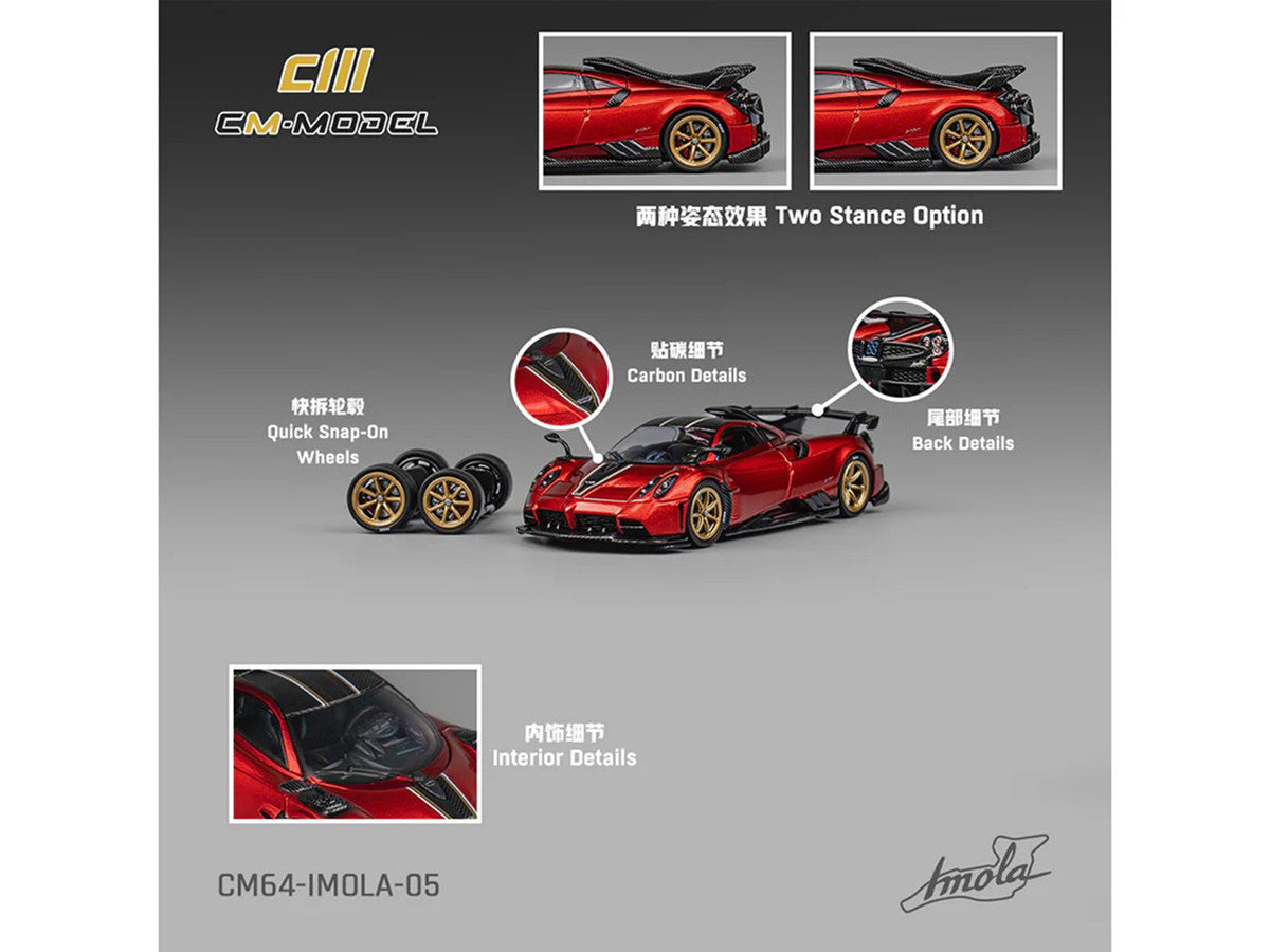 Pagani Imola Red Metallic with Carbon Top and Stripes with Extra Wheels 1/64 Diecast Model Car by CM Model-1