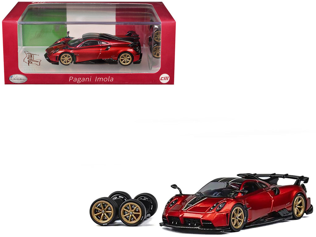 Pagani Imola Red Metallic with Carbon Top and Stripes with Extra Wheels 1/64 Diecast Model Car by CM Model-4