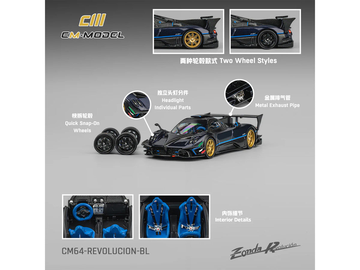 Pagani Zonda Revolucion Dark Blue Metallic and Carbon with Extra Wheels 1/64 Diecast Model Car by CM Model-1