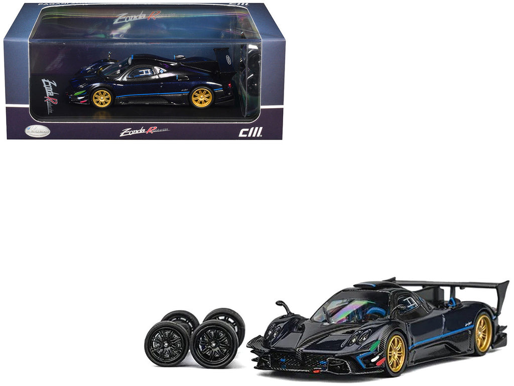 Pagani Zonda Revolucion Dark Blue Metallic and Carbon with Extra Wheels 1/64 Diecast Model Car by CM Model-4