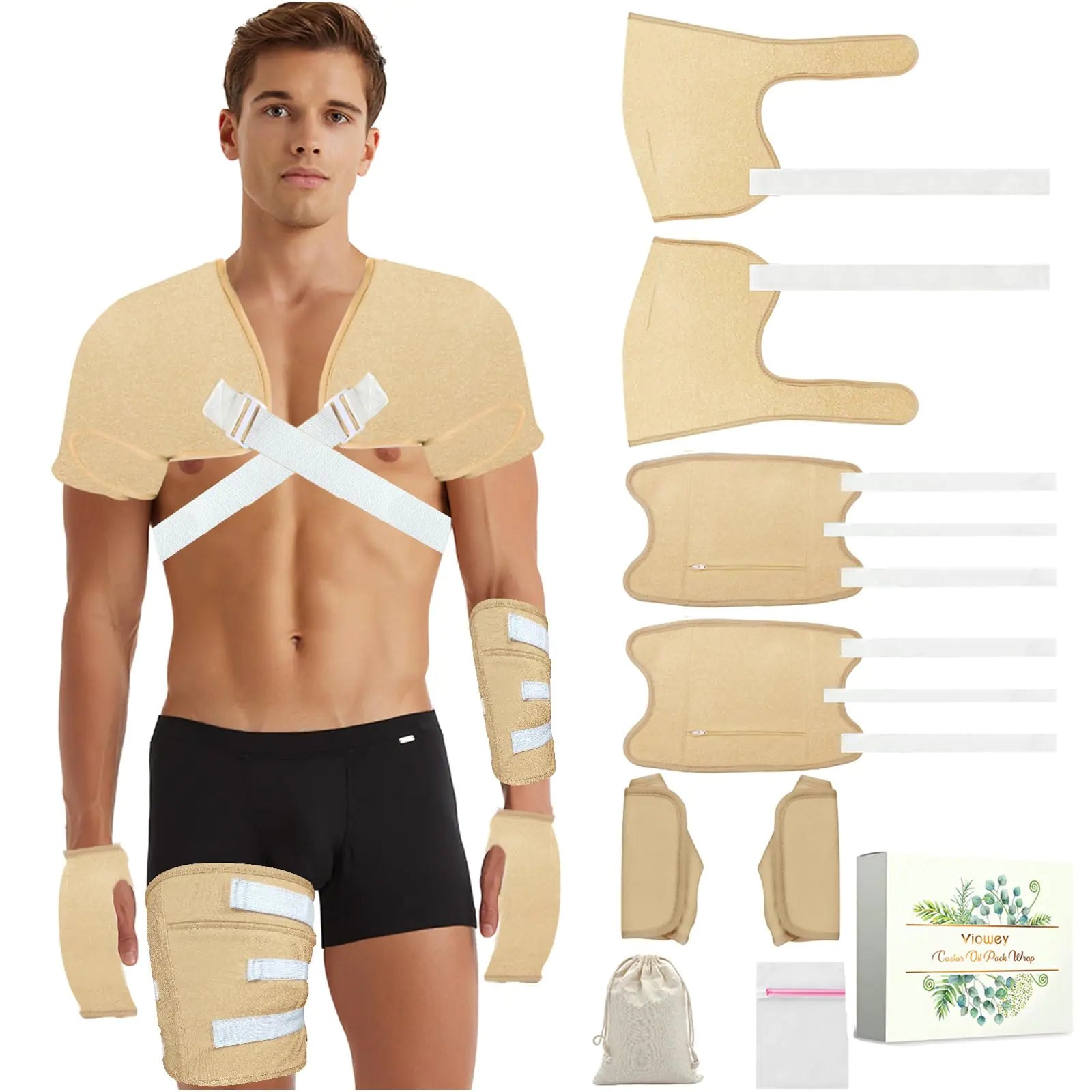 Viowey Castor Oil Pack Wrap for Men 8 PCS Reusable Castor Oil Wraps for Shoulder Knee Hand Castor Oil Packs Kit Plus Size Flannel Cotton Machine Washable (8PCS)