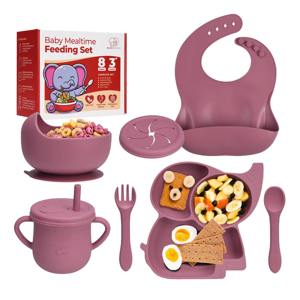 Complete Silicone Baby Feeding Set - 6+ Months Food Grade Baby Feeding Essentials | Silicone Bibs Baby Bowls and Plates 3 in 1 Baby Sippy Cup Spoons and Fork Set | Free of BPA/PVC/Lead/Phthalate