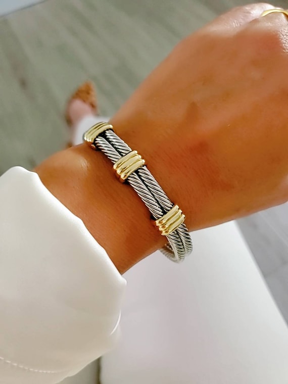 Statement Double Bangle Bracelet with Gold Accents