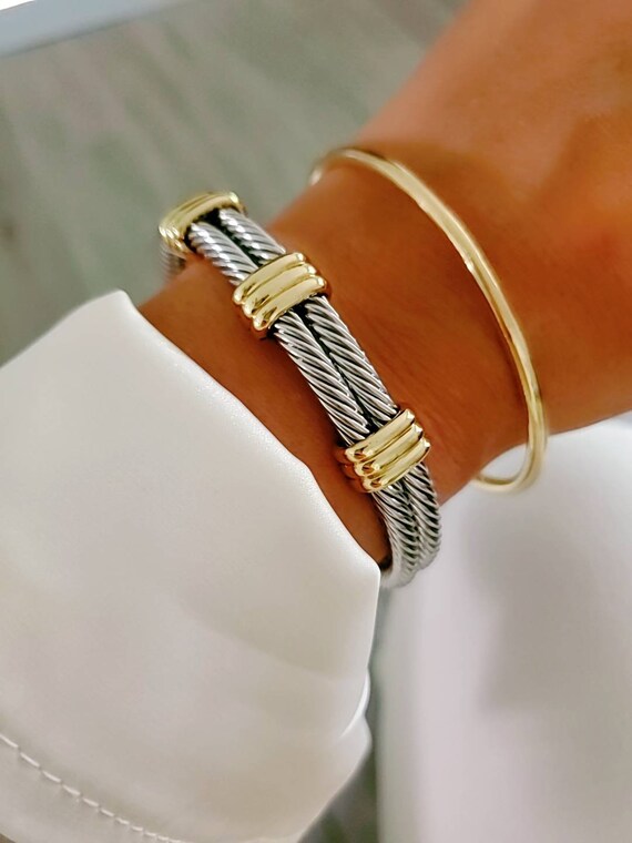 Statement Double Bangle Bracelet with Gold Accents