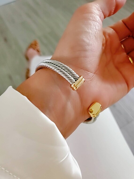 Statement Double Bangle Bracelet with Gold Accents