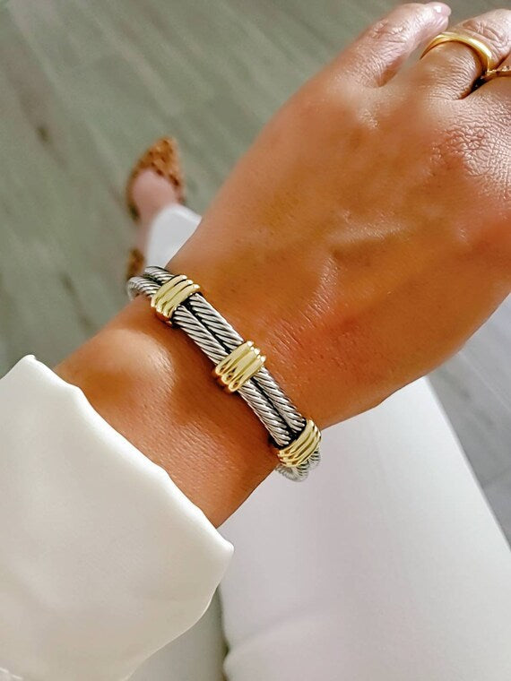 Statement Double Bangle Bracelet with Gold Accents