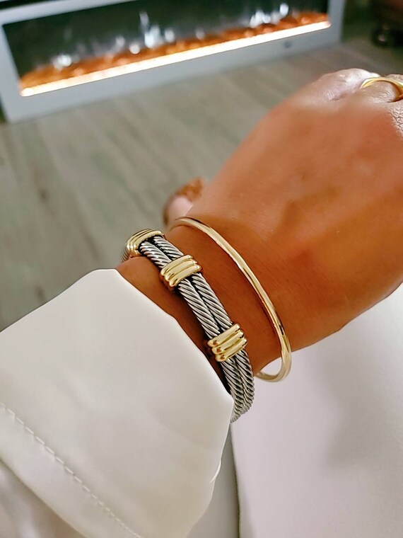 Statement Double Bangle Bracelet with Gold Accents
