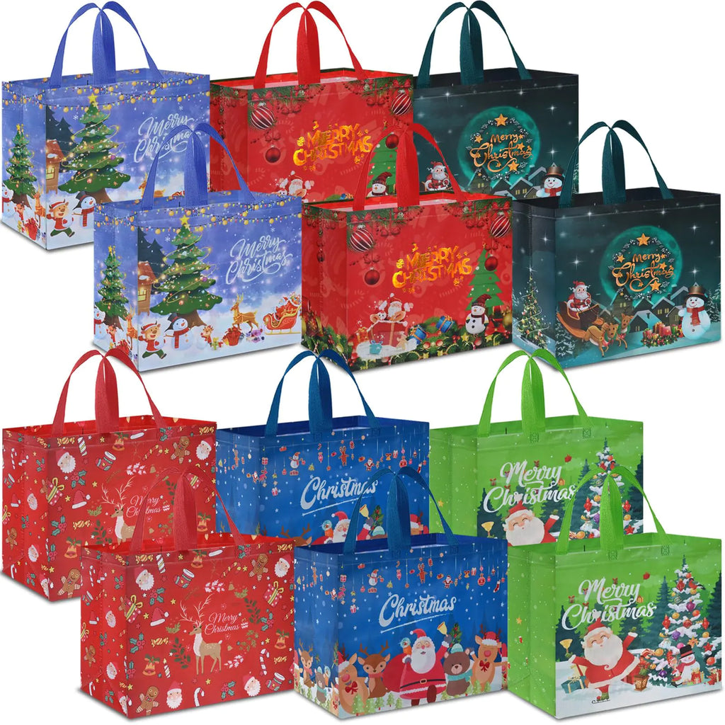 AhfuLife 12PCS Extra Large Christmas Gift Bags 15.7 x 14.2x 5.9 Christmas Tote Bags with Handles Reusable Non-woven Christmas Shopping Bags for New Year Xmass Party Supplies Decorations