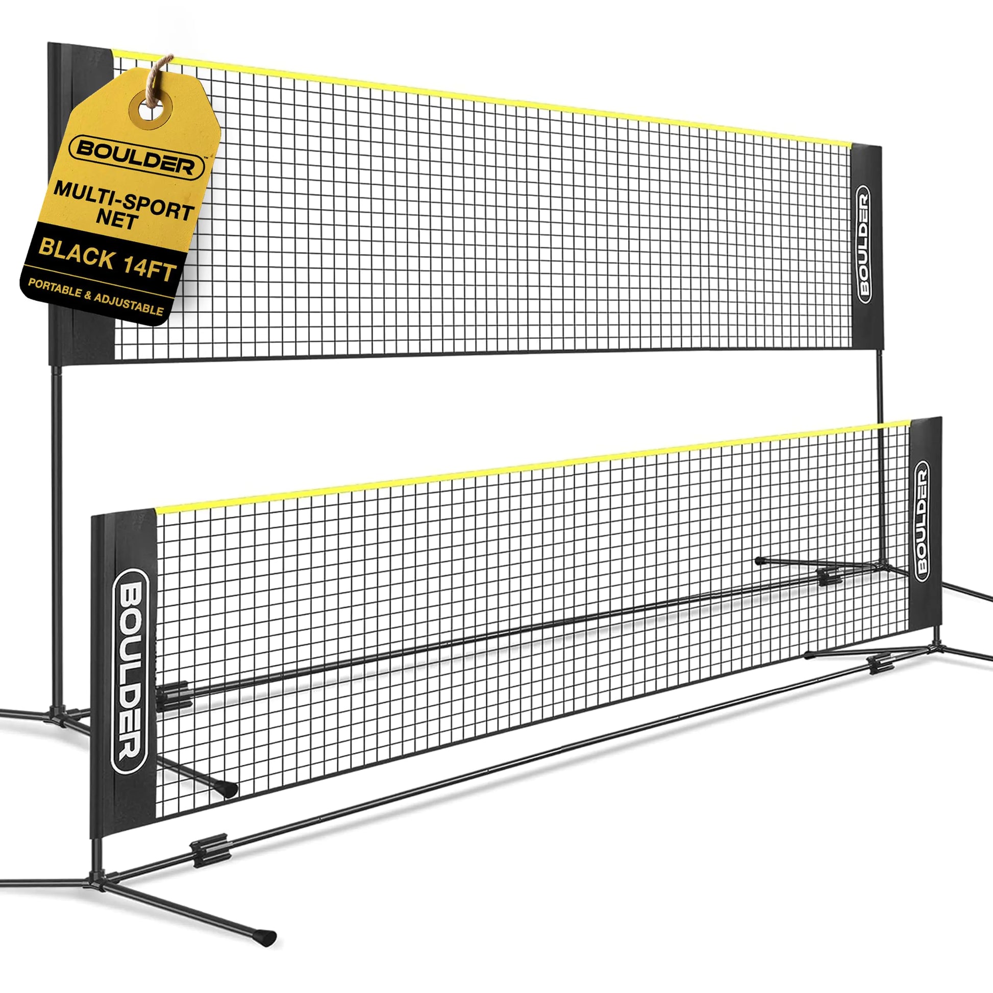 Boulder Badminton Pickleball Net - Height Adjustable Portable Net for Junior Tennis Kids Volleyball & Soccer and Backyard Games - Easy Setup Nylon Sports Net with Poles 10 ft/14ft/17ft Wide