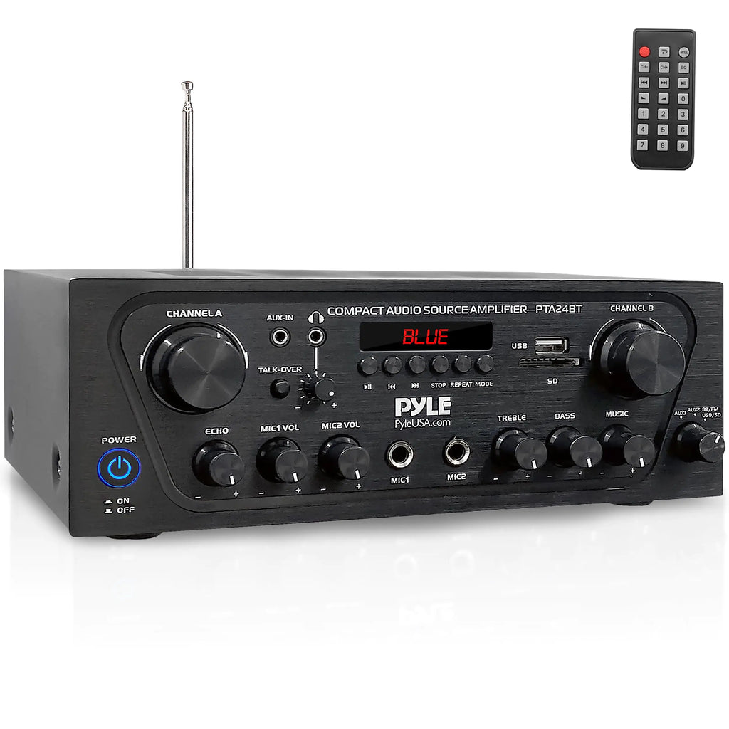 Pyle -Upgraded- 2 Channel Karaoke Home Audio Amplifier w/Bluetooth for Streaming AUX-in USB 2 Microphone Input w/Echo Effect Talkover for PA Compact Footprint Black