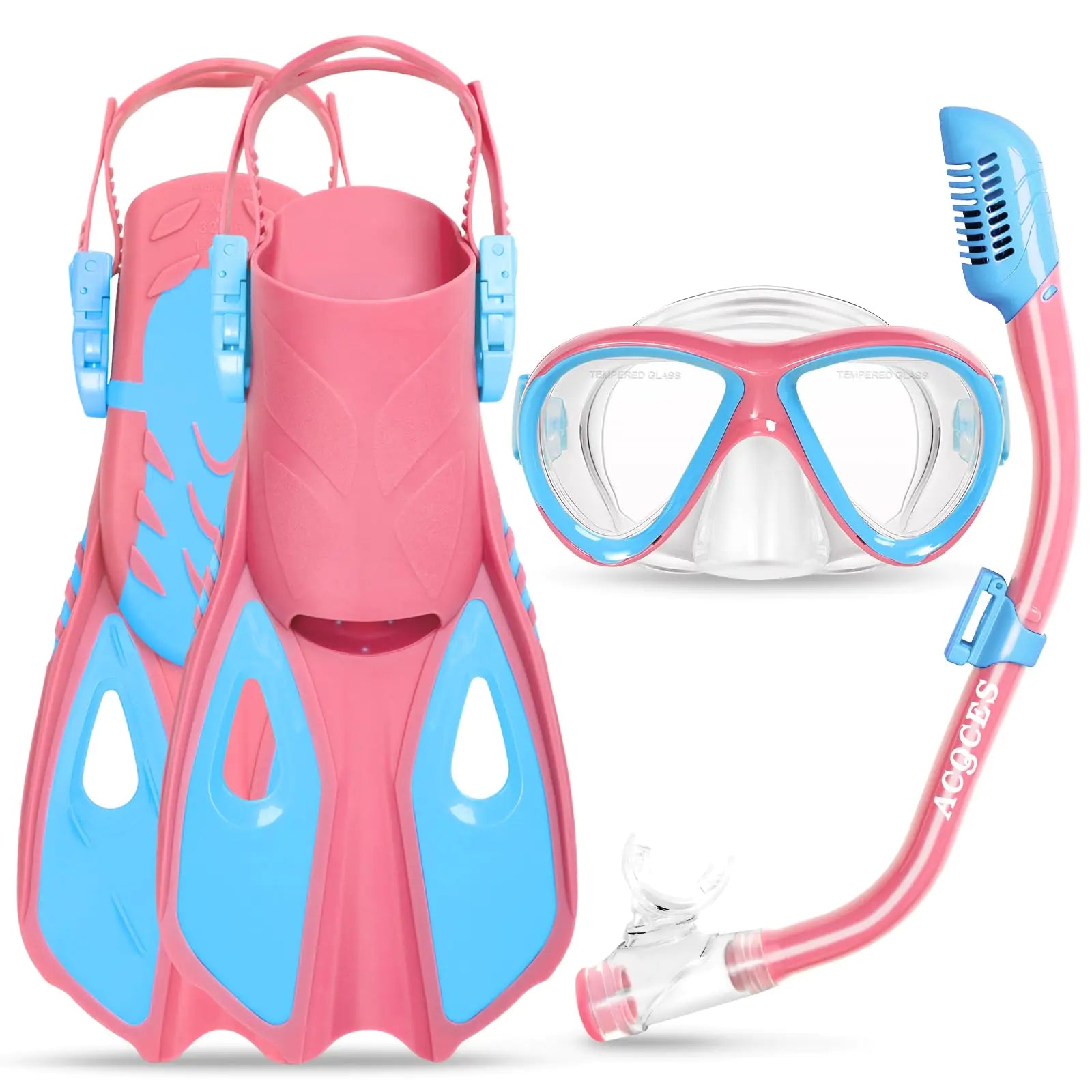 Kids Mask Fins Snorkel Set Dry Top Snorkeling Gear for Kids Youth Boys Girls Junior Age 5-15 Tempered Glass Snorkel Mask Set Panoramic View Snorkeling Packages (Pink+Blue XS(11-1))