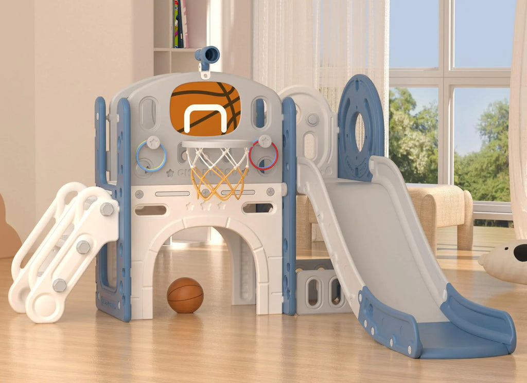 XJD 8 in 1 Toddler Slide Set Kids Slide for Toddlers Age 1+ Toddler Climber Slide PlaySet with Basketball Hoop and BallOutdoor Indoor Playground for Toddlers 1-3 (Blue Gley 8 in 1)