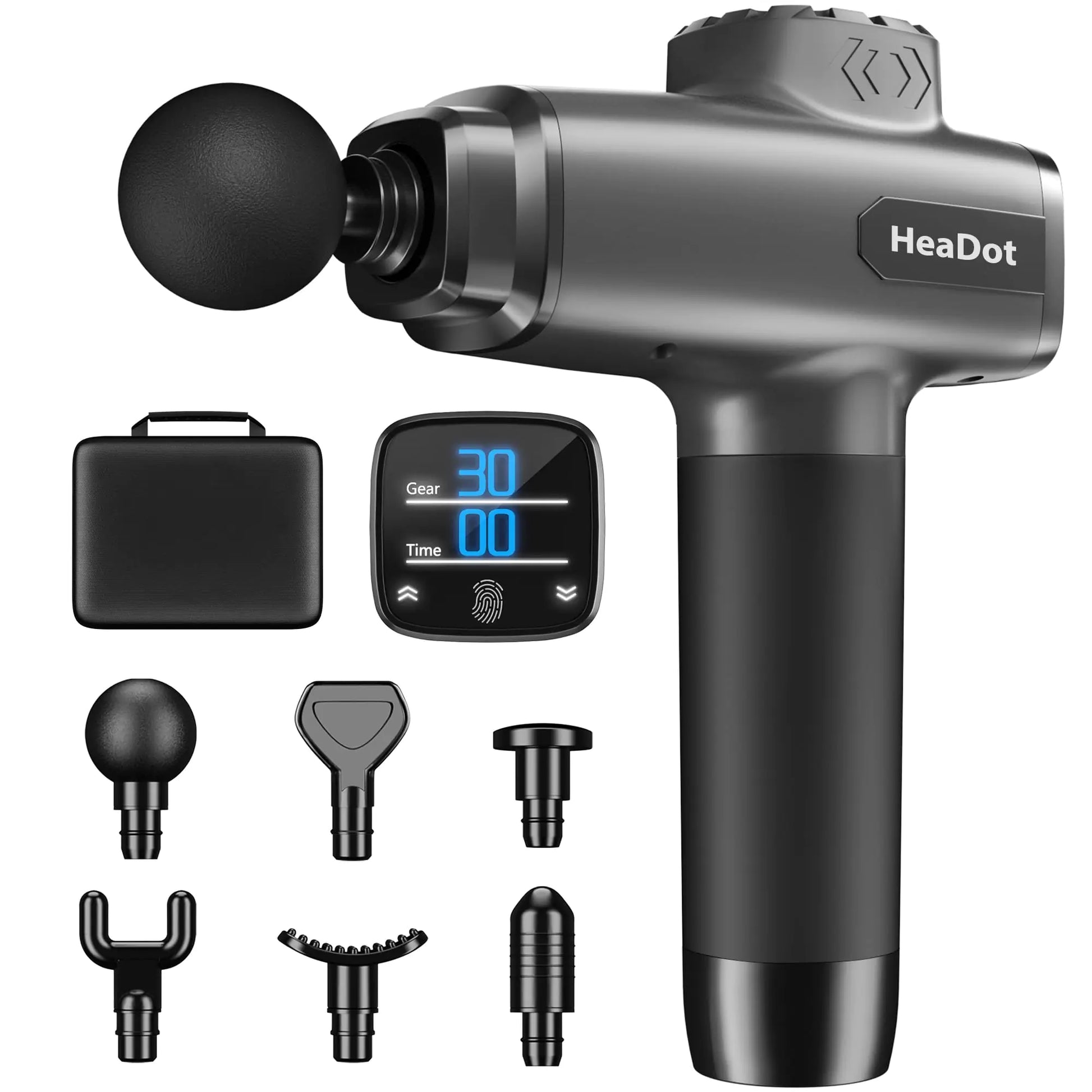 HeaDot Deep Tissue Muscle Therapy Gun for Athletes Percussion Body Muscle Massager with 30 Speeds6 Types of Massage Heads Handheld Massager for Shoulder Neck Back Pain Relief (Carbon)