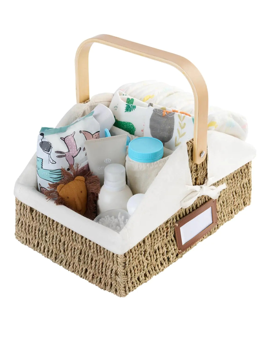 StorageWorks Wicker Diaper Caddy Organizer Baby Diaper Caddy Basket with Liner Handwoven Diaper Caddy for Car Seagrass Baby Toy Basket with Handles 1 Pack