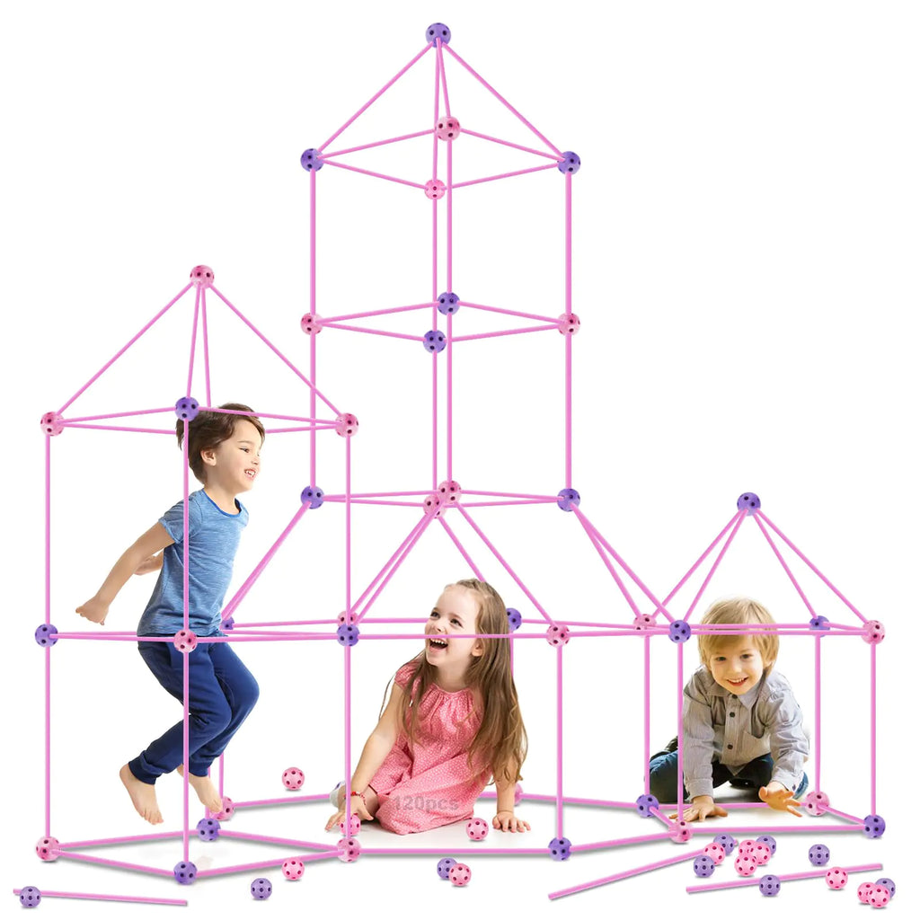 Kids Fort Building Kit 120 Pieces Construction STEM Toys for 5 6 7 8 9 10 11 12 Years Old Boys and Girls Ultimate Forts Builder Gift Build DIY Educational Learning Toy for Indoor Outdoor(Purple+Pink)
