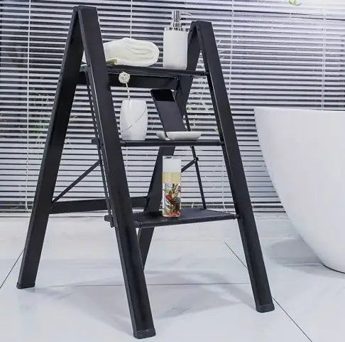 3 Step Ladder Aluminum Light Folding Step Bench Wide Non Slip Pedal 300 Lb Capacity Home Office Portable Ladder Black