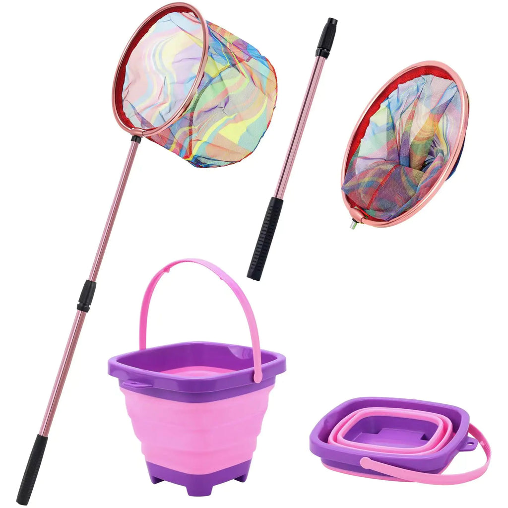 Kids Fishing Net Telescopic Landing Net with Aluminum Pole Handle Collapsible Bucket Kids Sand Pail Butterfly Nets for Kids Fishing Net for Kids Outdoor Playing (Pink)