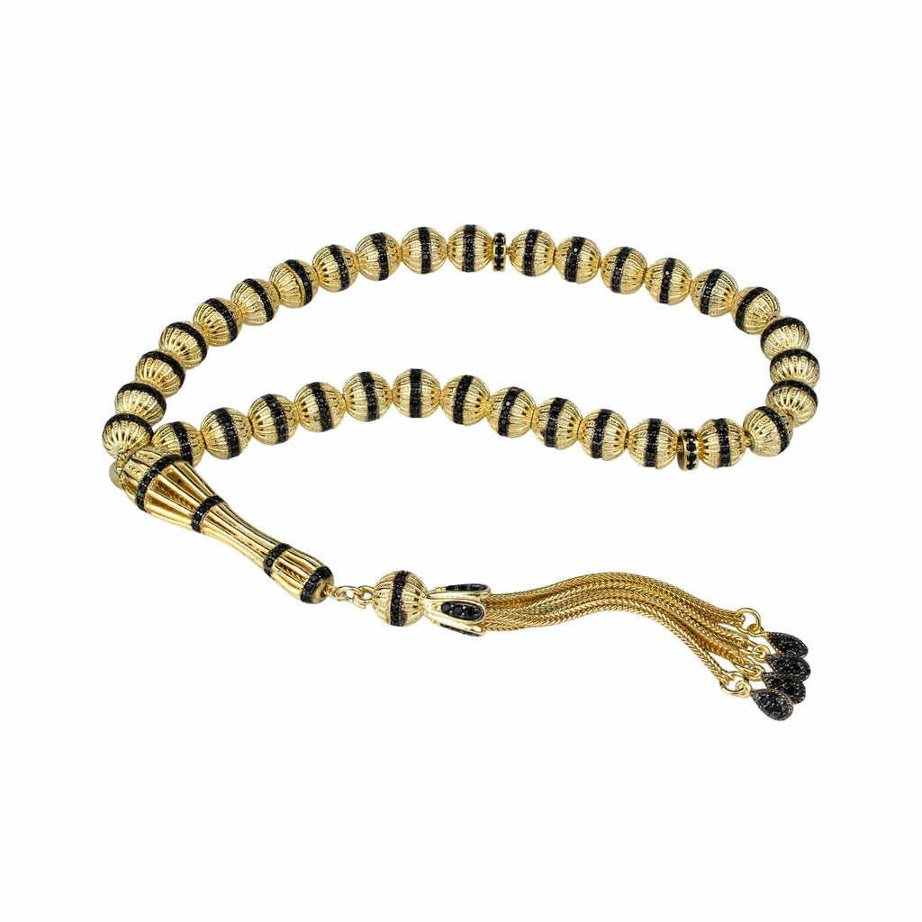 Gold Plated Sterling Silver 33 Beads Black Zirconia Tasbih Rosary