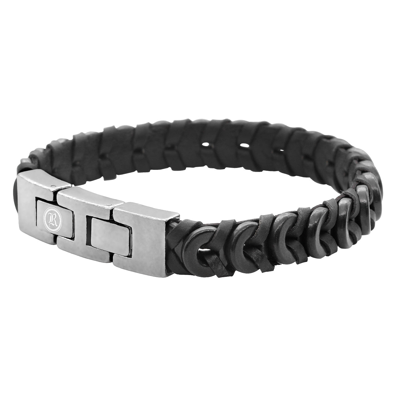 Leather Bracelet Black Braided Leather & Black Steel Bracelet